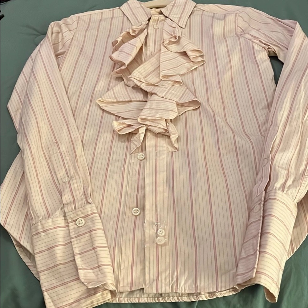Ralph Lauren Women's Pink Striped Ruffle Shirt - Picture 3 of 5